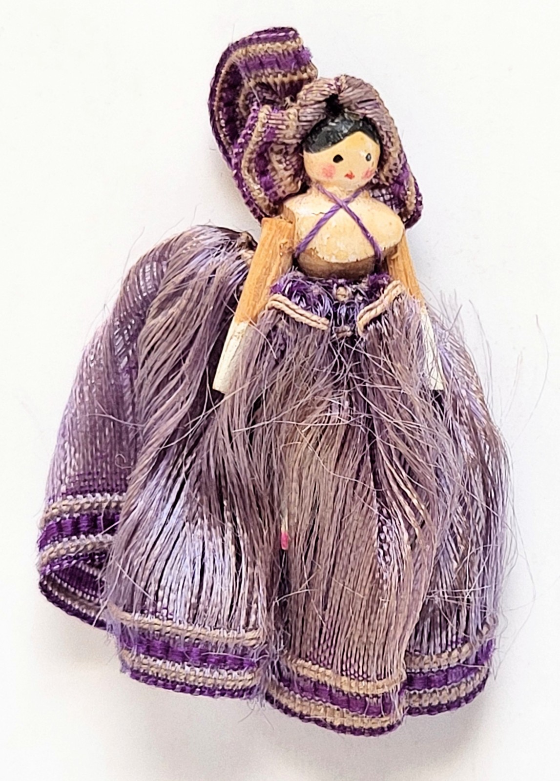 Tiny Antique Grodnertal Wooden Female Doll Purple Dress Miniature 1.5 Inches