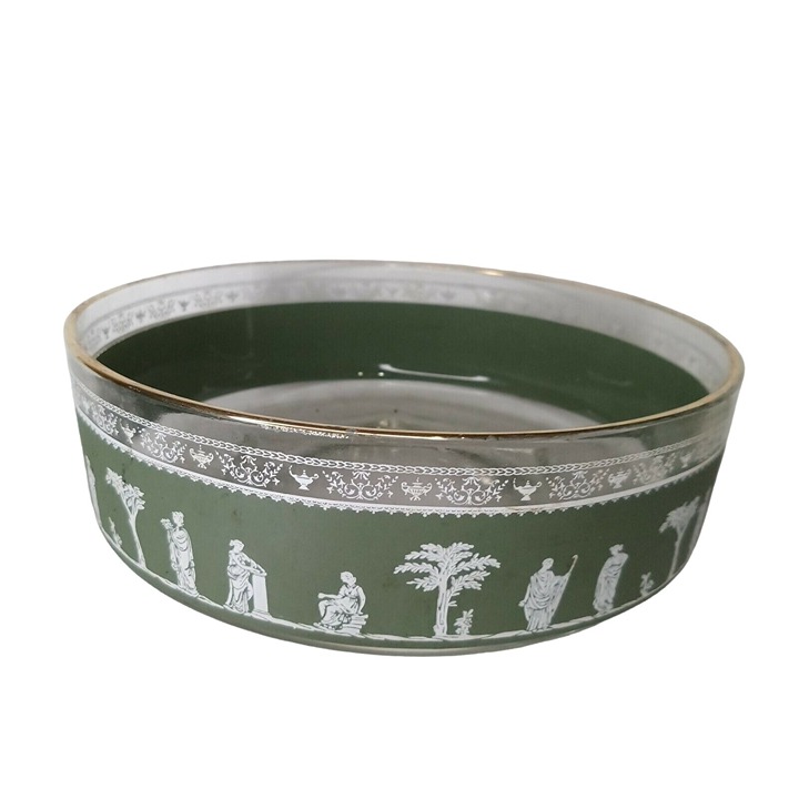 Jeanette Hellenic Green serving bowl gold trim frosted 9a