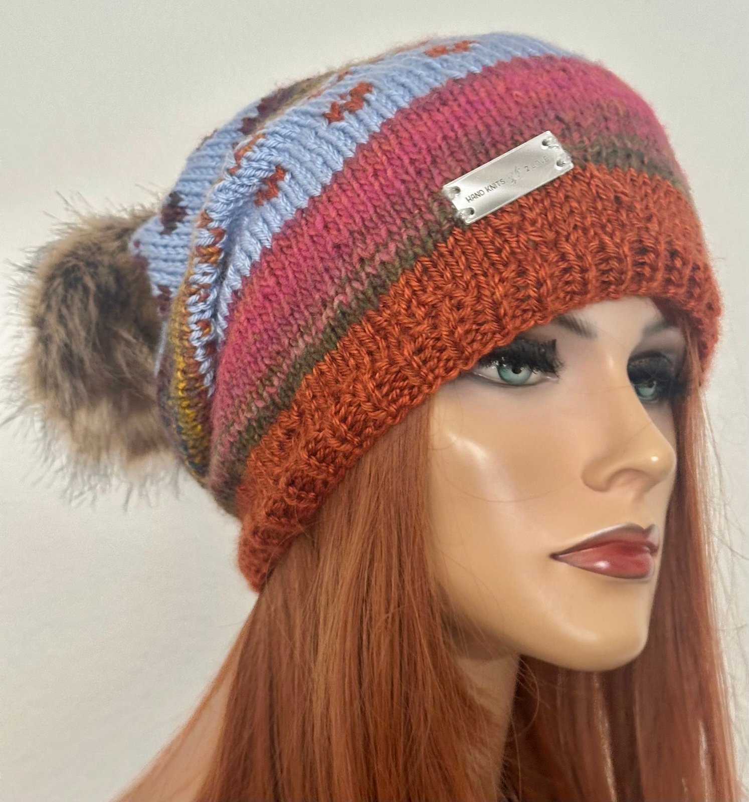 Hand Knits 2 Love Slouch Beanie Hat Cap Faux Fur Pom Pom Designer Fashion Rustic