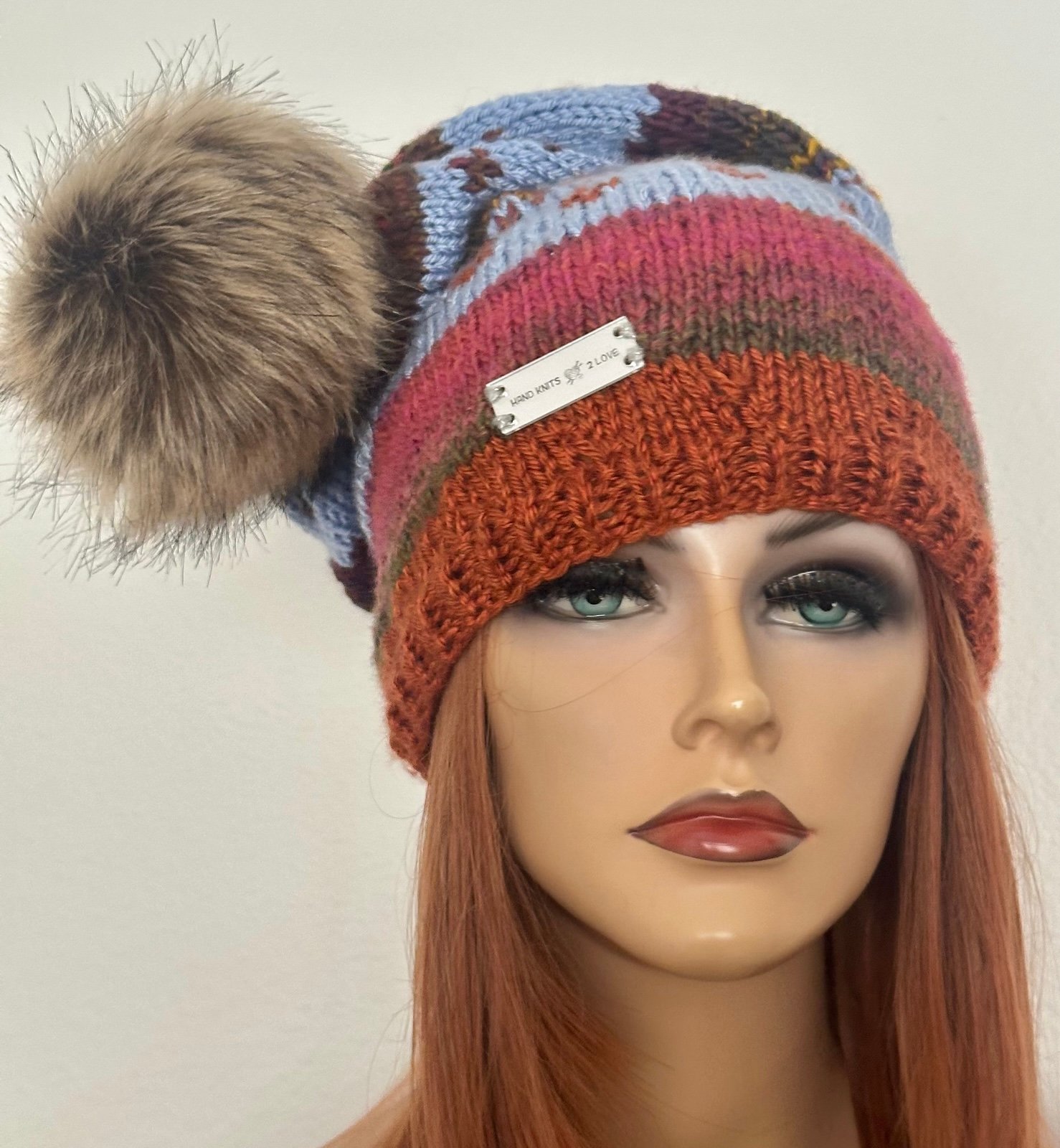 Hand Knits 2 Love Slouch Beanie Hat Cap Faux Fur Pom Pom Designer Fashion Rustic - detail