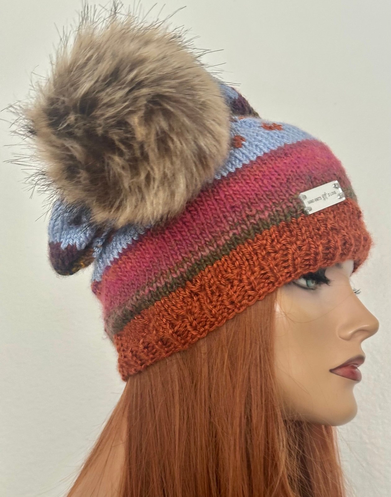Hand Knits 2 Love Slouch Beanie Hat Cap Faux Fur Pom Pom Designer Fashion Rustic - detail