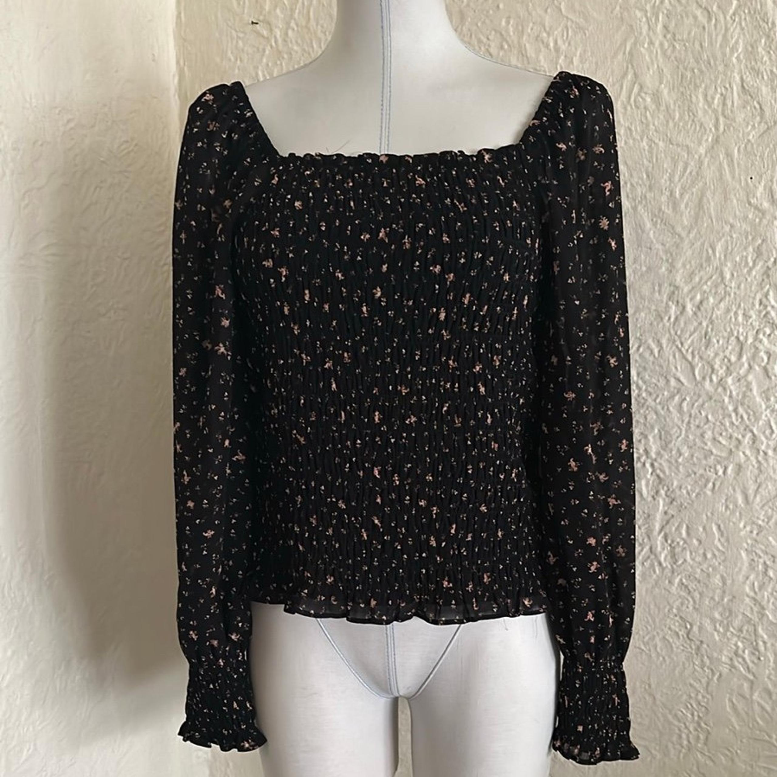 Madewell Georgette Lucie Bubble Sleeve Black Floral Smocked Black Top Blouse M
