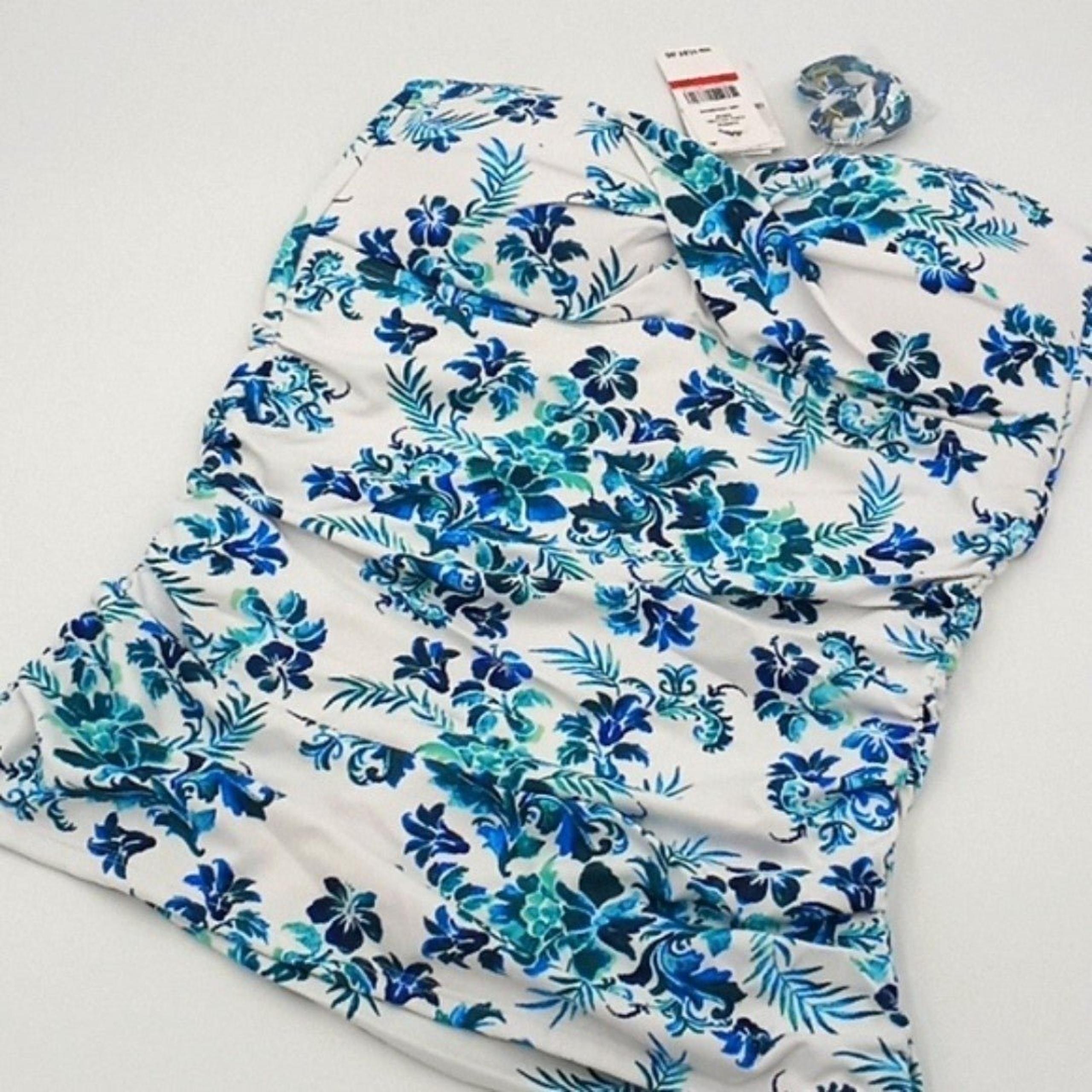 Tommy Bahama Women XS Floral Isles Long Bandini Swim Top Caledon Sea Blue White
