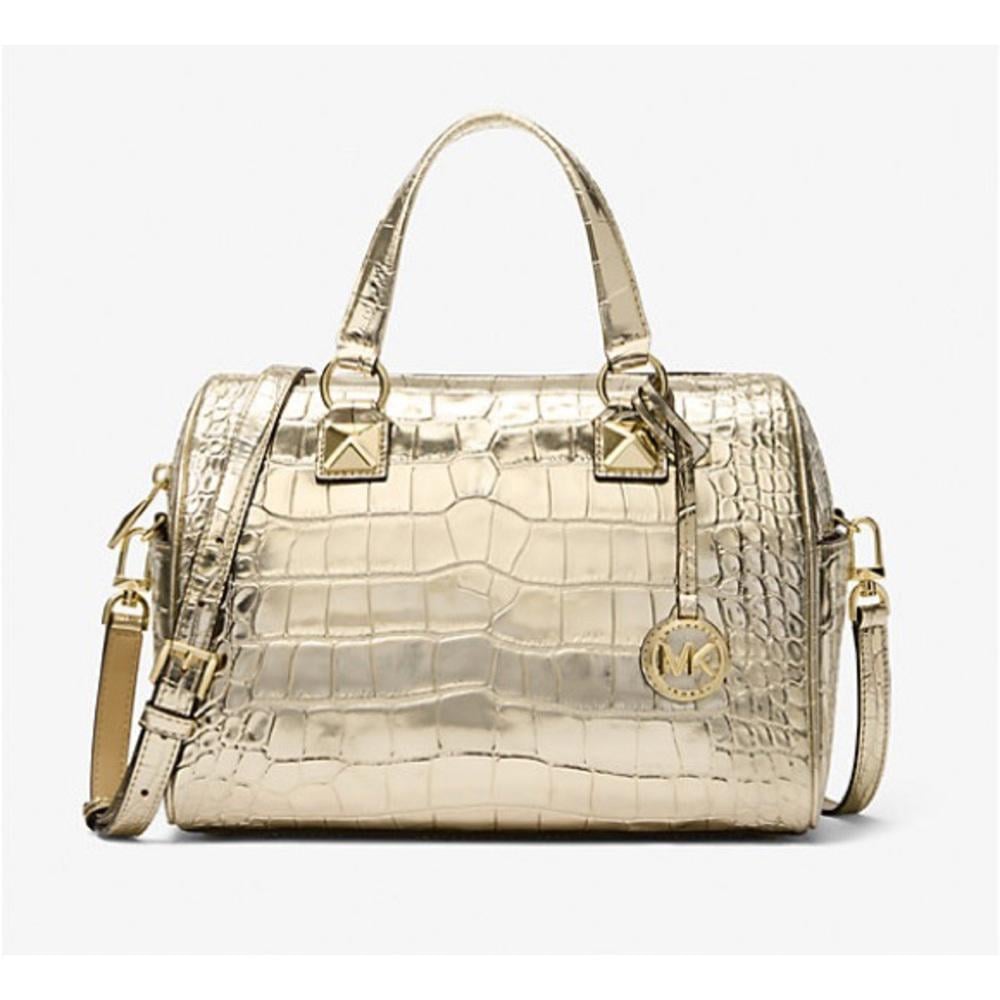 NWT MICHAEL KORS Grayson Medium Metallic Gold Embossed Leather Purse Satchel