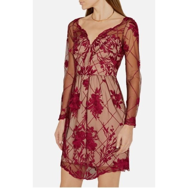 Marchesa Notte Floral Embroidered Lace Burgundy Long Sleeve Mini Dress Sz 16