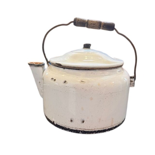 Vintage White Enamel Teapot With Wooden Handle & Lid