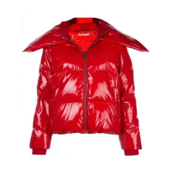 NWT Alice + Olivia Durham in Shiny Ruby Red Funnel Pillow Collar Puffer Jacket M