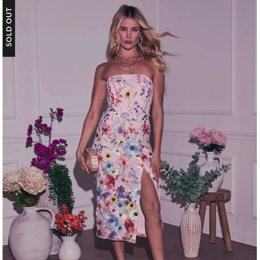 Vici Strapless Floral Embroidered Midi Dress Formal Party Cocktail