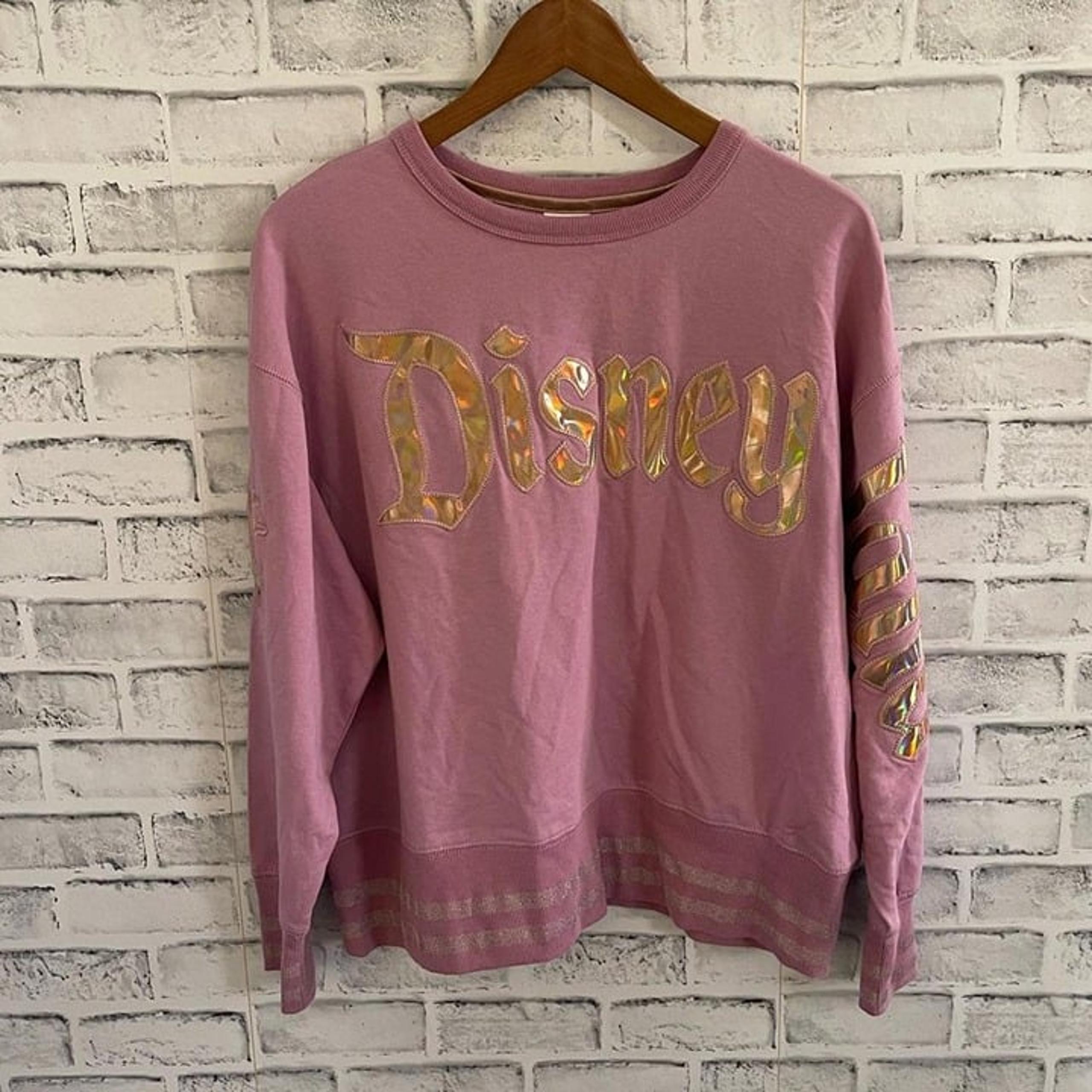 NWT! Women’s Disney Parks Disney Land pink holographic long sleeve sweatshirt L