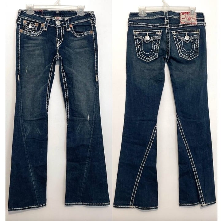 TRUE RELIGION Joey Super T Jean Dark Wash Contrast Stitching Ripped Y2K Flare ?