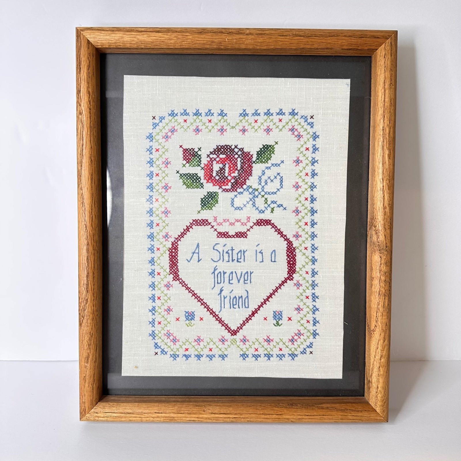 Vintage Framed Cross Stitch A Sister is A Forever Friend 12 x 15