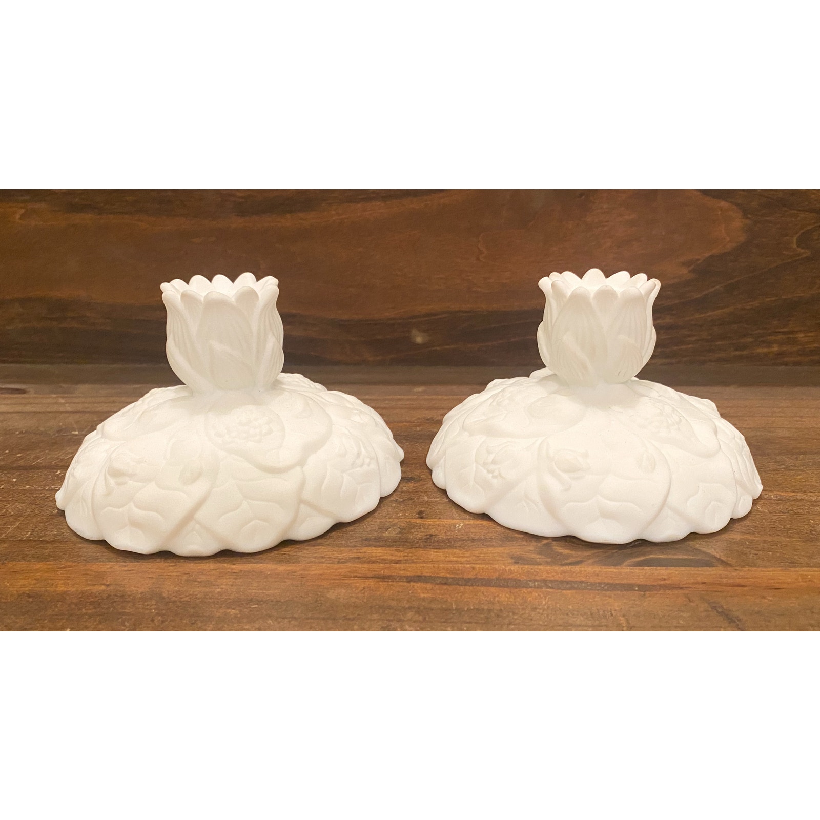 Fenton White Rose Frosted Water Lillies Pair of Candleholders