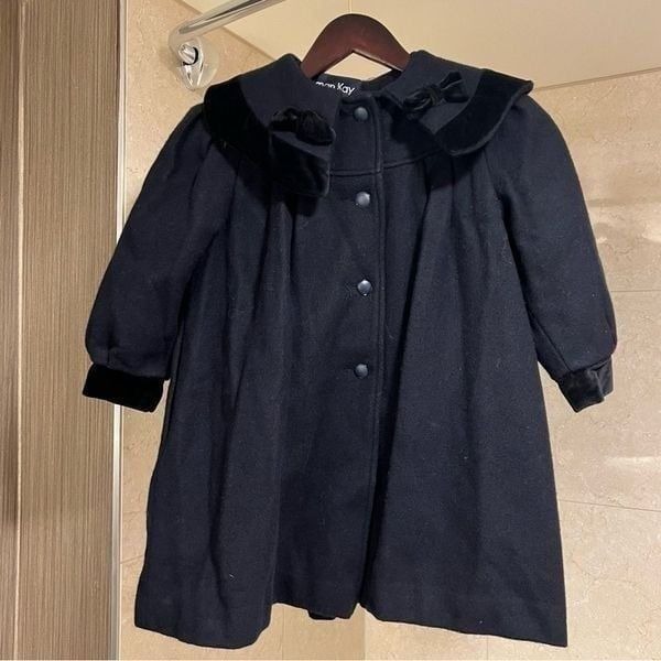 VTG Herman Kay girls Navy Wool Black Velvet blend Coat 70s sz 6