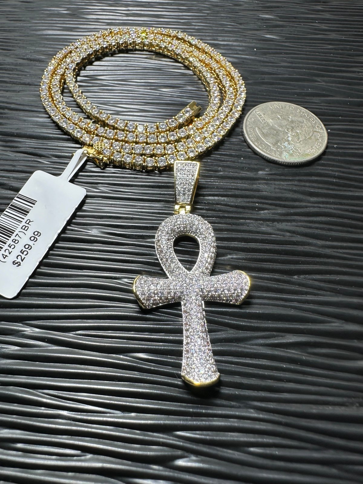 14K Gold plated Iced out tennis chain 20” and Ankh cross pendant 3mm