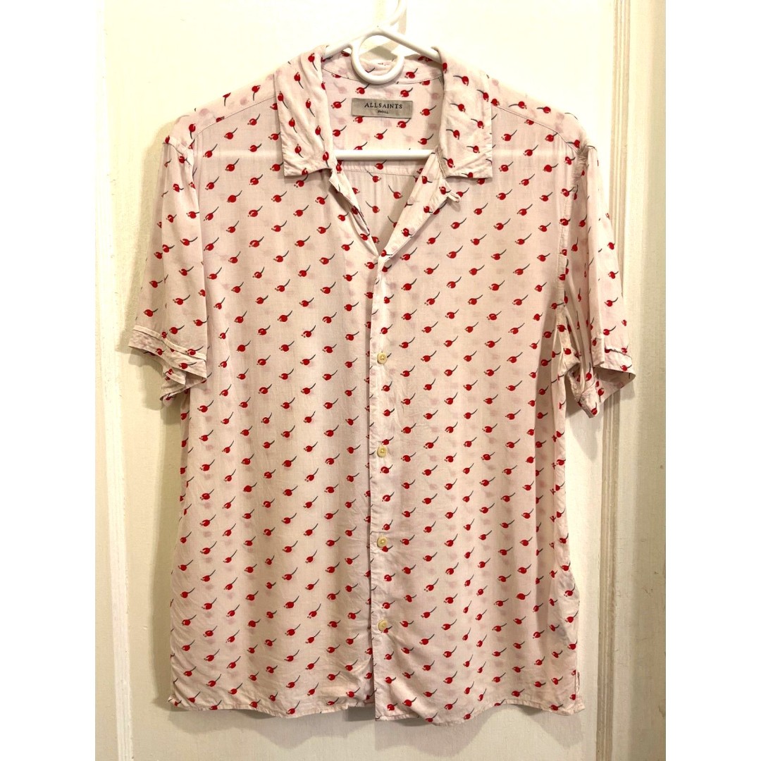 Allsaints White Cerise Short Sleeve Cherry Button Up Shirt Top Mens Size Small