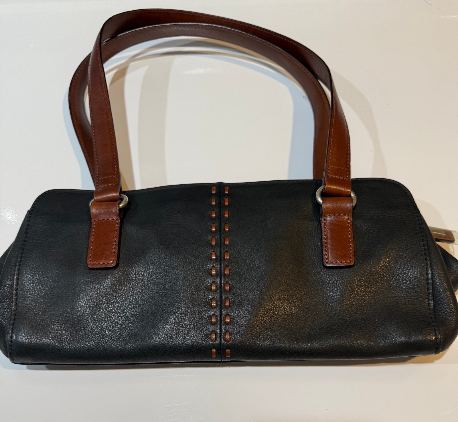 FOSSIL Black Pebbled Leather Satchel Purse w/Bold Stitching