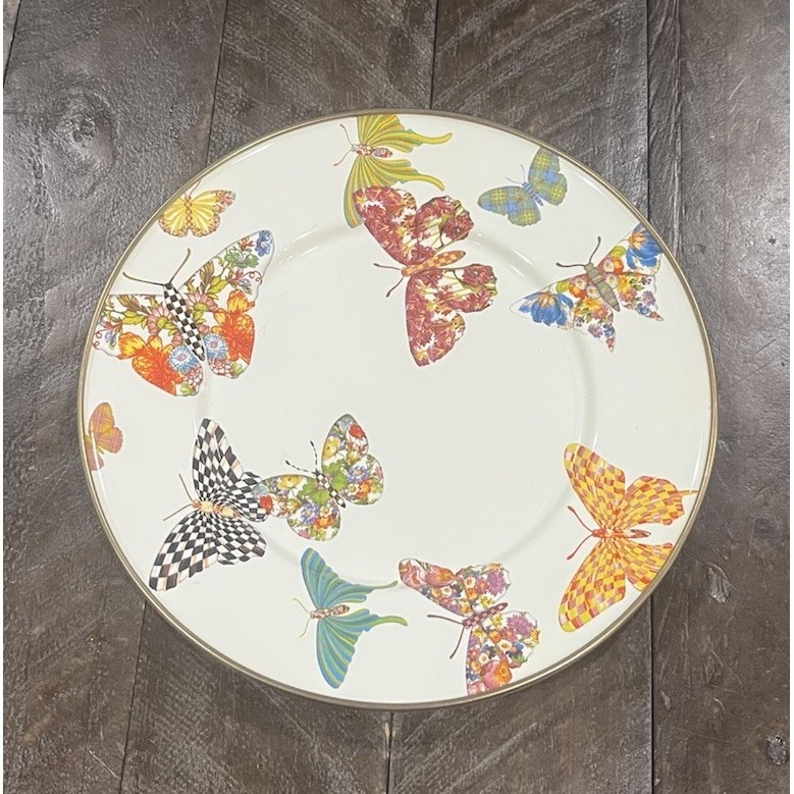 MacKenzie Childs White Butterfly Garden Courtly Check Salad Dessert Plate 8"