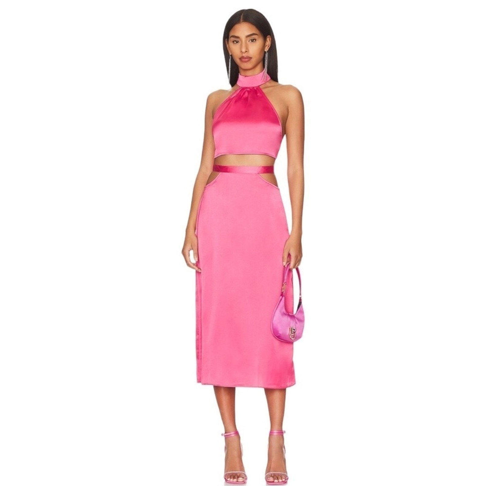 WeWoreWhat NWT Hot Pink Satin Charmeuse Cut Out Midi Skirt Size Medium