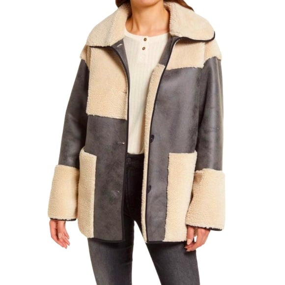 Treasure & Bond Mixed Media Faux Suede Coat In Grey Tornado Size Plus 4X