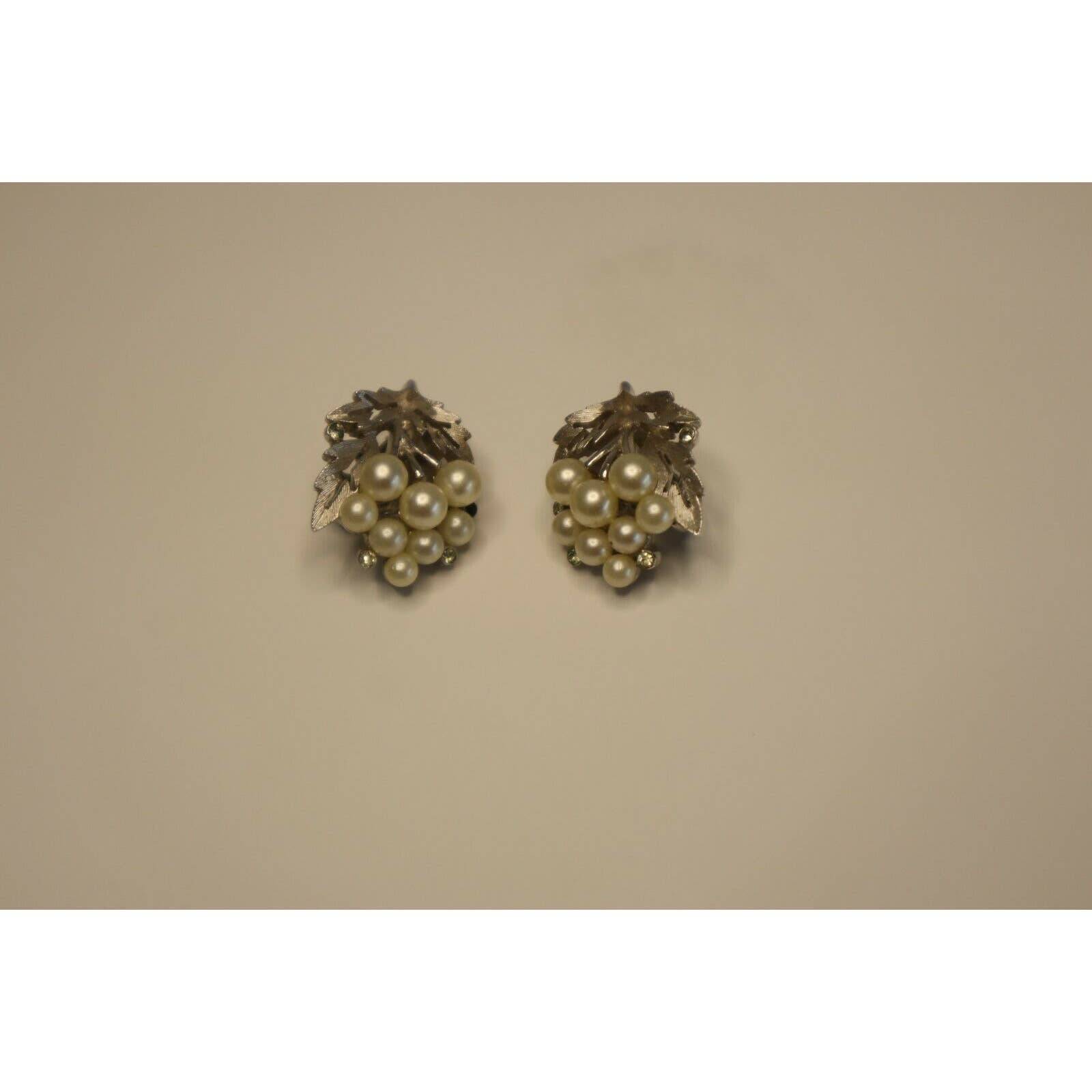 Trifari Faux Pearl Grape Earrings with Rhinestone Silver Toned Clip on