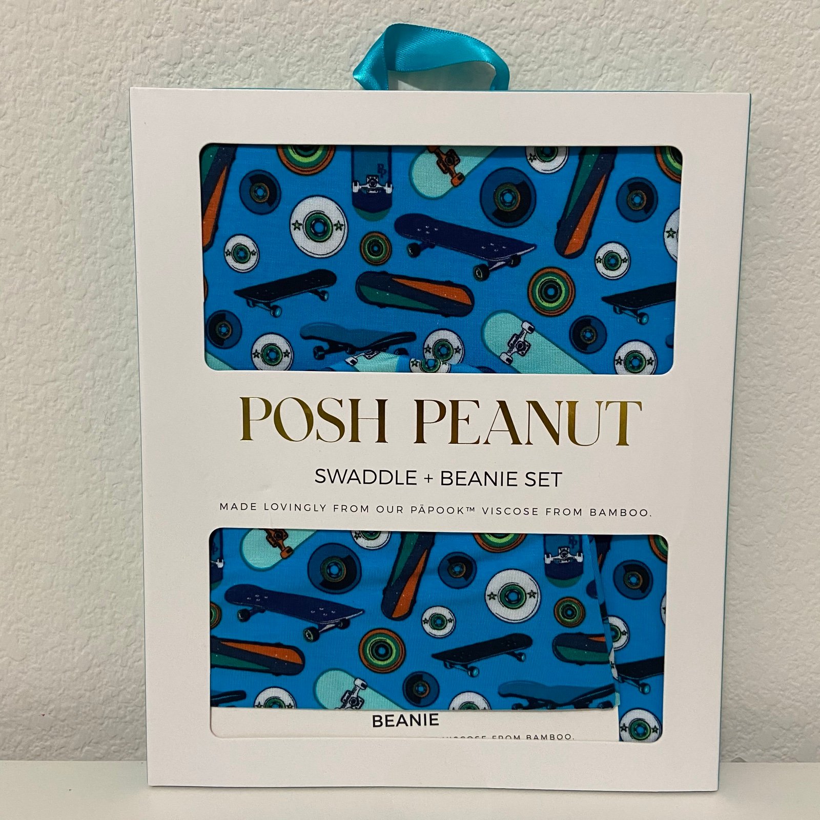 Posh Peanut Cole Skateboard Swaddle Beanie Set Bamboo Blue NEW