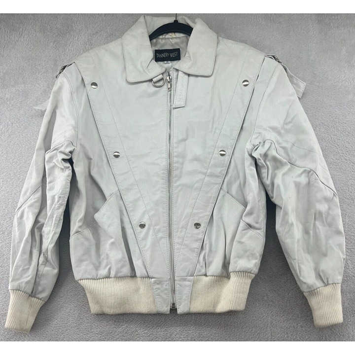 Vintage Tannery West Jacket Womens Sz 38 White Leather Bomber 80s