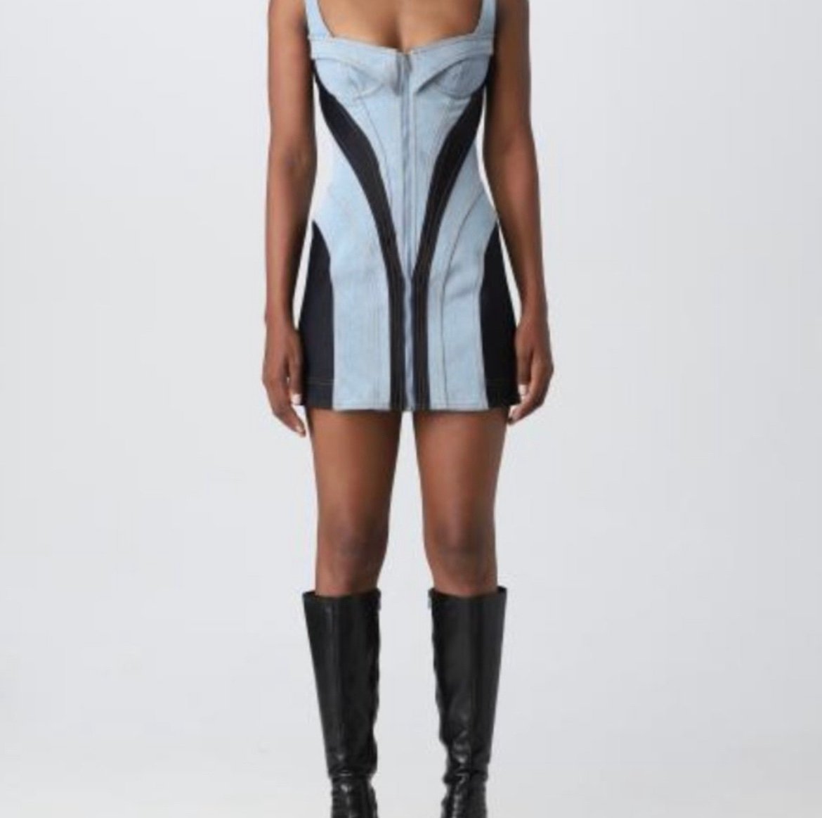 MUGLER CORSET DENIM STREET RACE DRESS LIGHT BLUE BLACK Sz S
