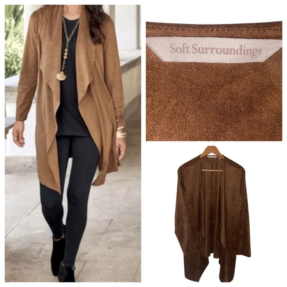 Soft Surroundings Brown Suede Waterfall Cardigan Draped Open Front Long Jacket M
