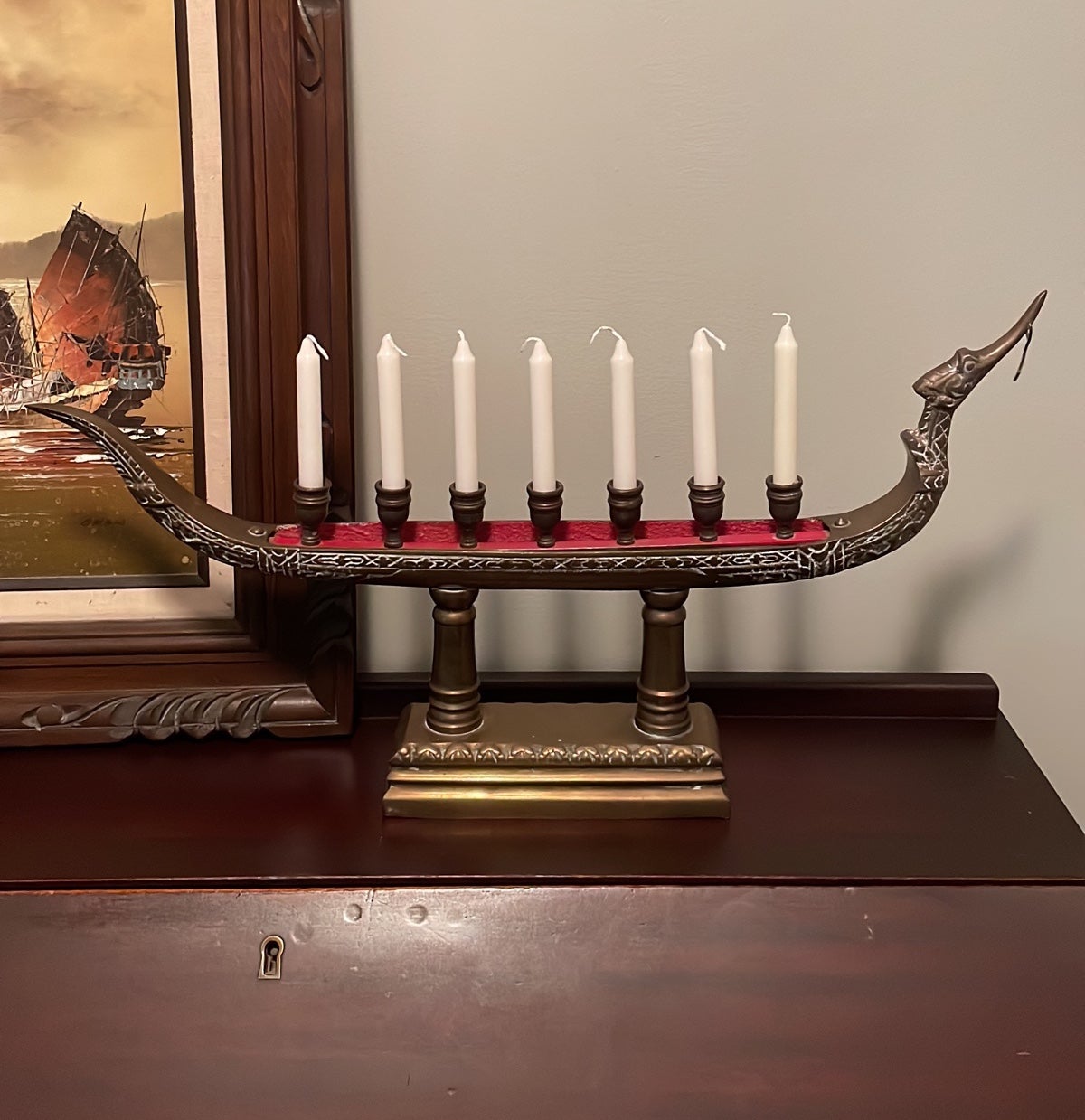 Antique Supannahong Sami Dragon Gondola Boat Solid Brass Menorah