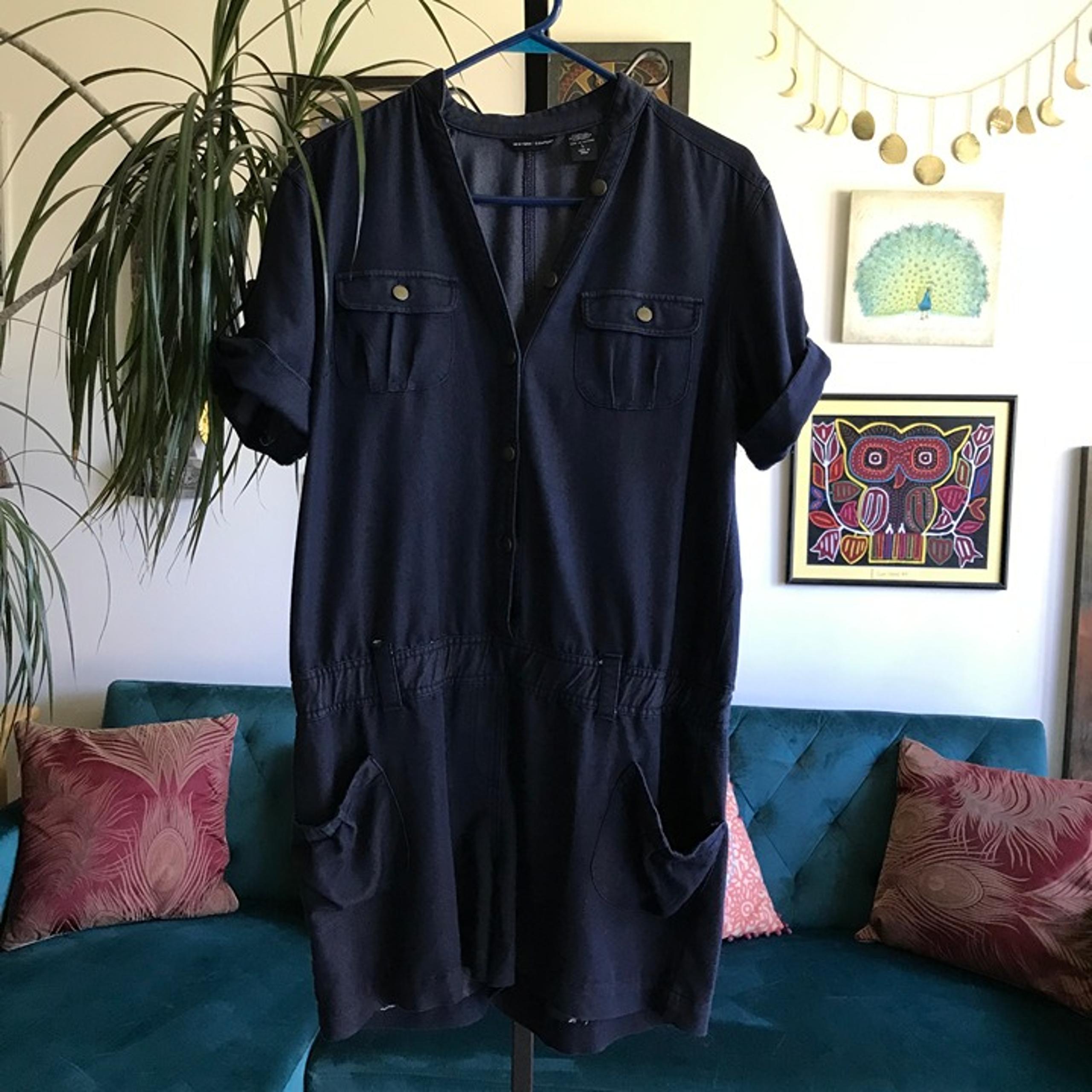 NEW YORK & COMPANY size L Dark Wash Blue Soft Stretch Denim Jumpsuit Romper