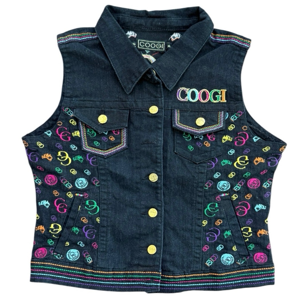 Vintage Coogi Women's Denim Embroidered Y2K Kidcore Logo Whimsygoth Vest Size XL