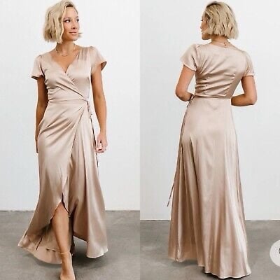 Baltic Born Krystal Satin Wrap Gown Champagne Maxi Dress NWT Lined Size M