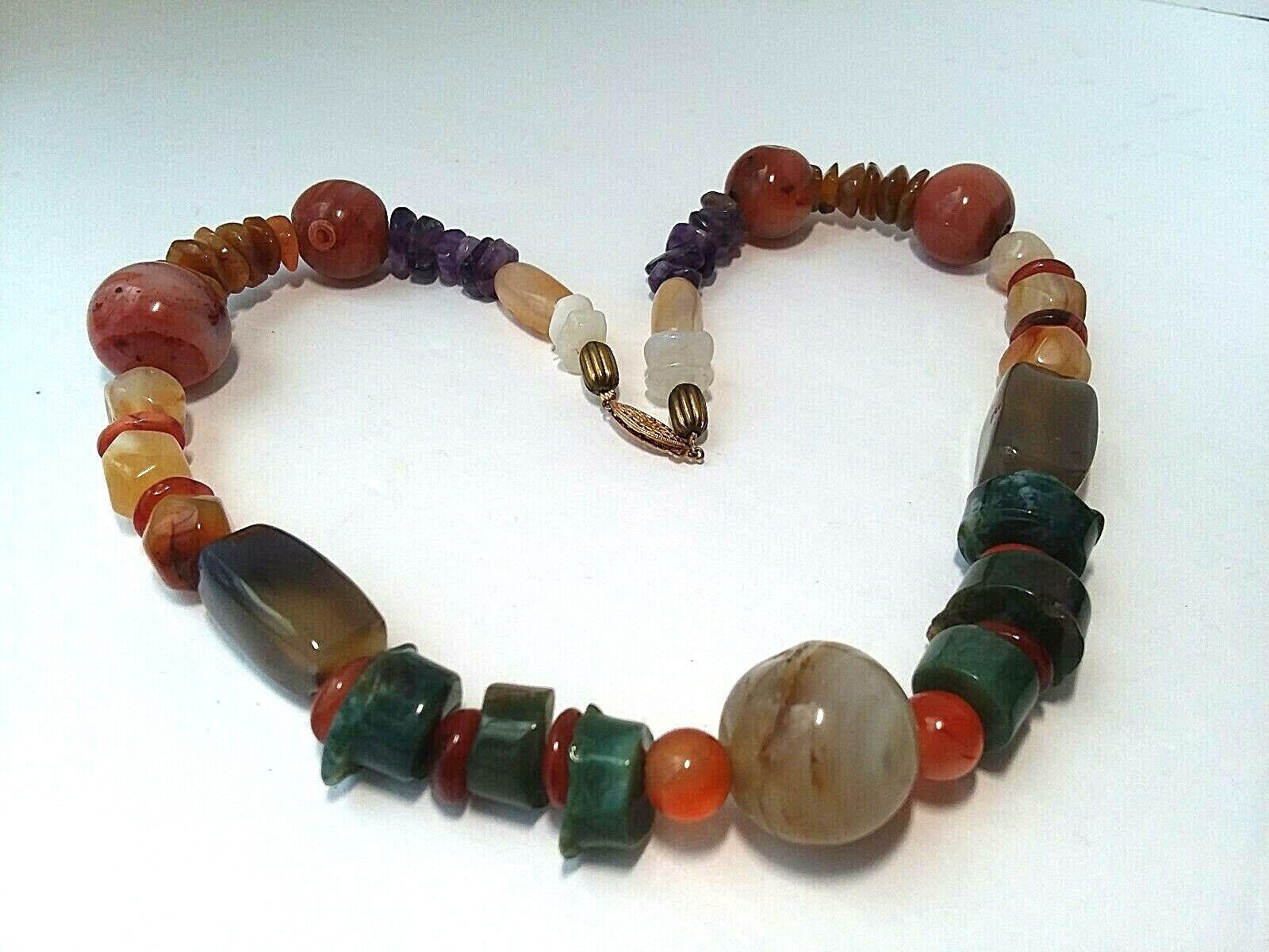 HANDCRAFTED ARTISAN BEAD NECKLACE 14K Gold Clasp CHUNKY GEMSTONE Jade Amethyst