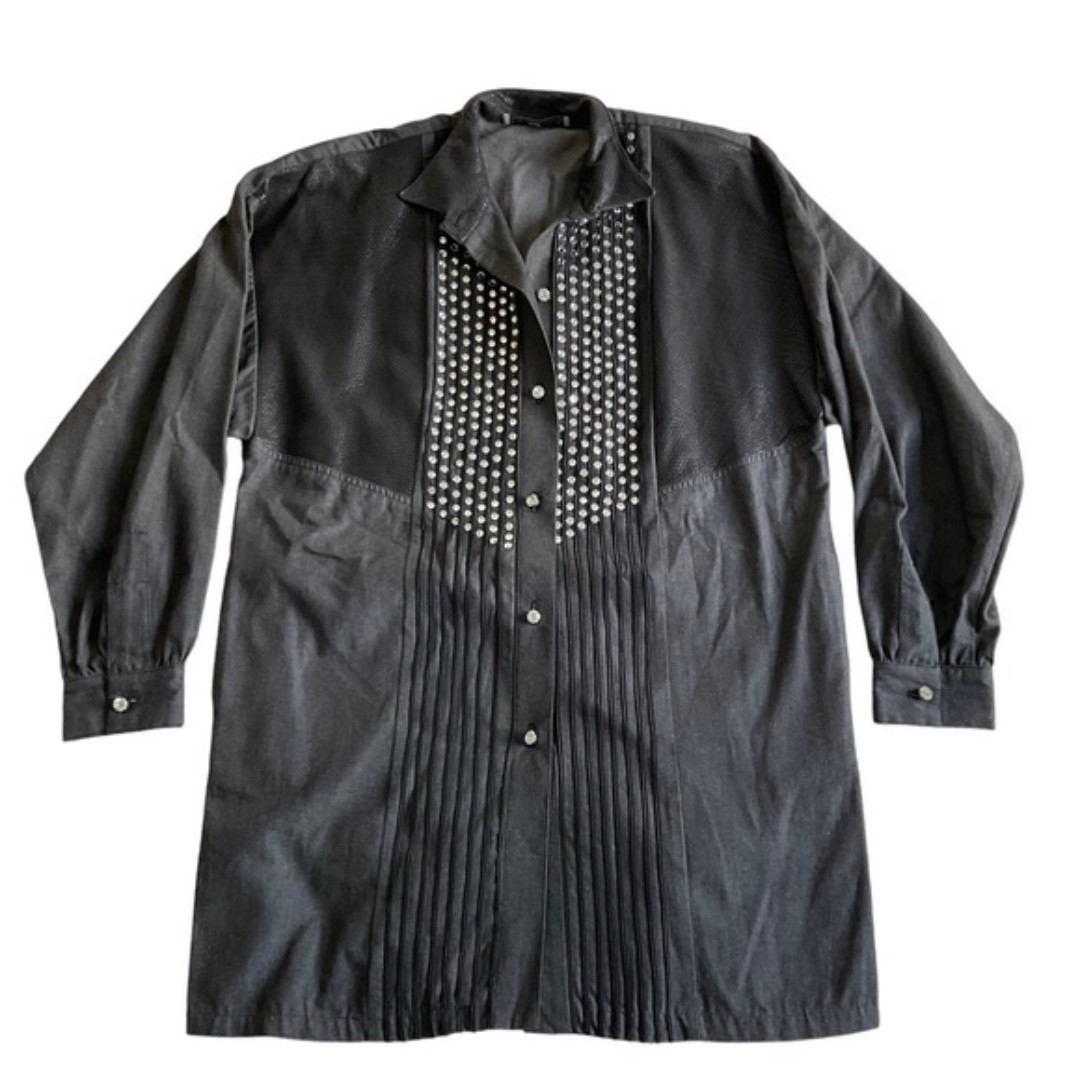 Fini Lignarolo Vintage 80s Leather Tunic Jacket Rhinestone Embellished Denim 10