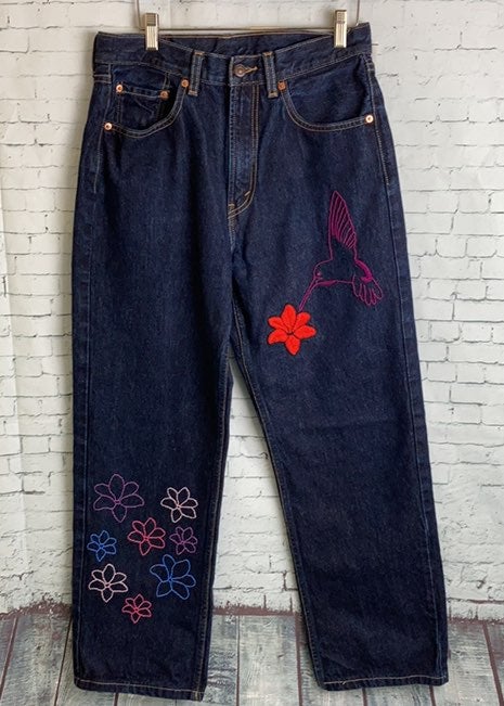 Levi’s Baggy 512 Dark Blue Jeans With Embroidered Hummingbird and Flowers 32x34
