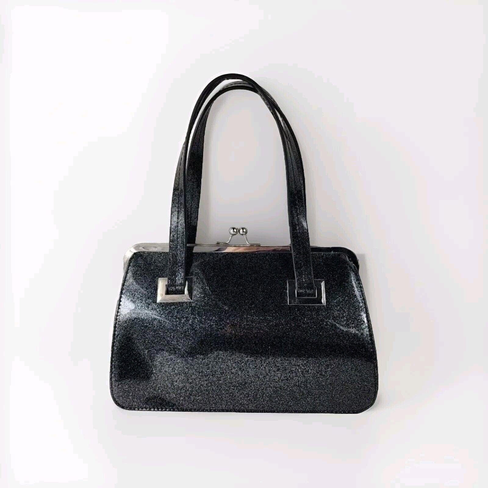 Hell Bunny Black Sparkle Lock Kiss Clasp Ball Handbag Purse 8 H X 11 W 5 Dust