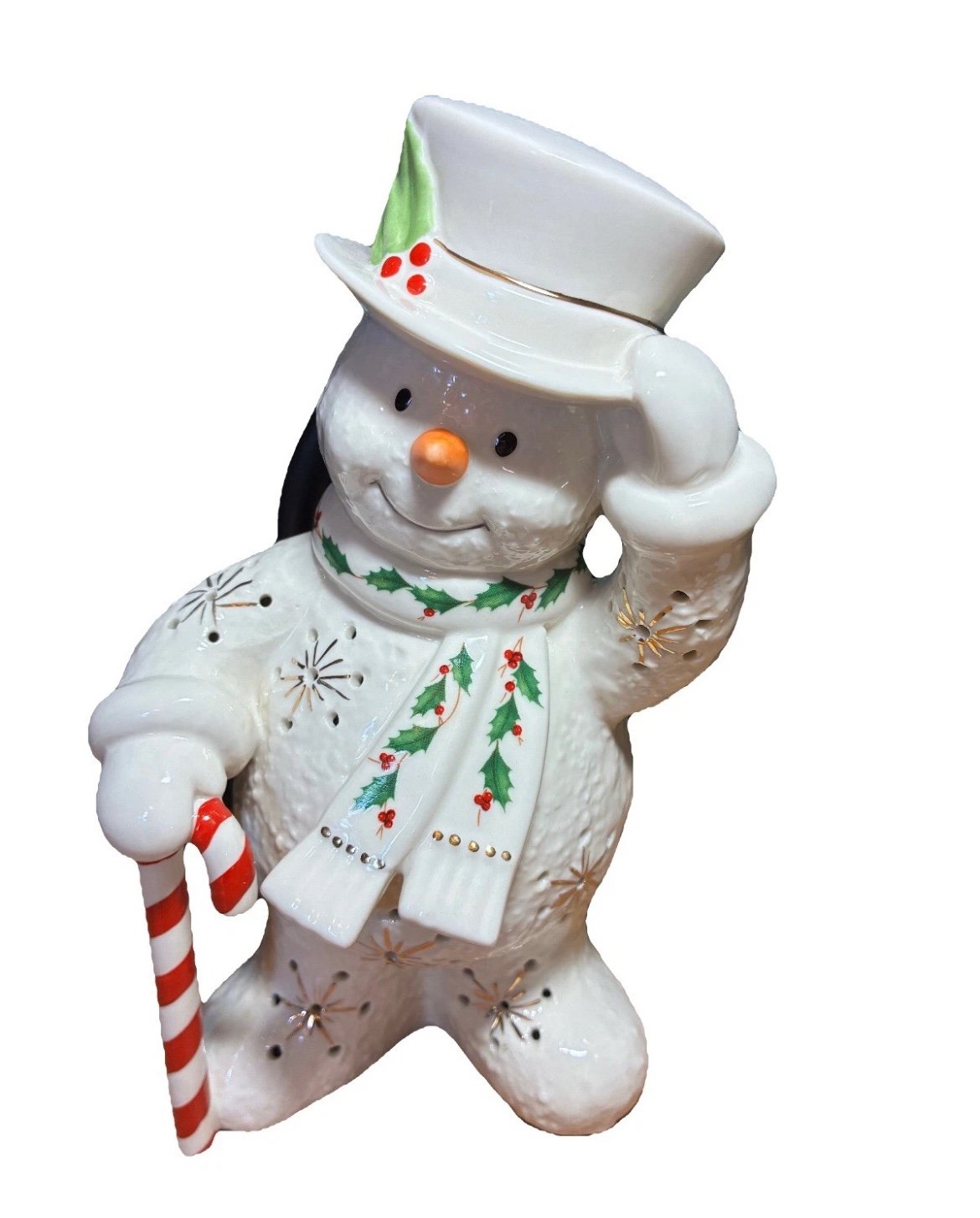 Lenox Happy Holly Days Snowman w/ Candy Cane Lit Figurine Light Up Snowflakes