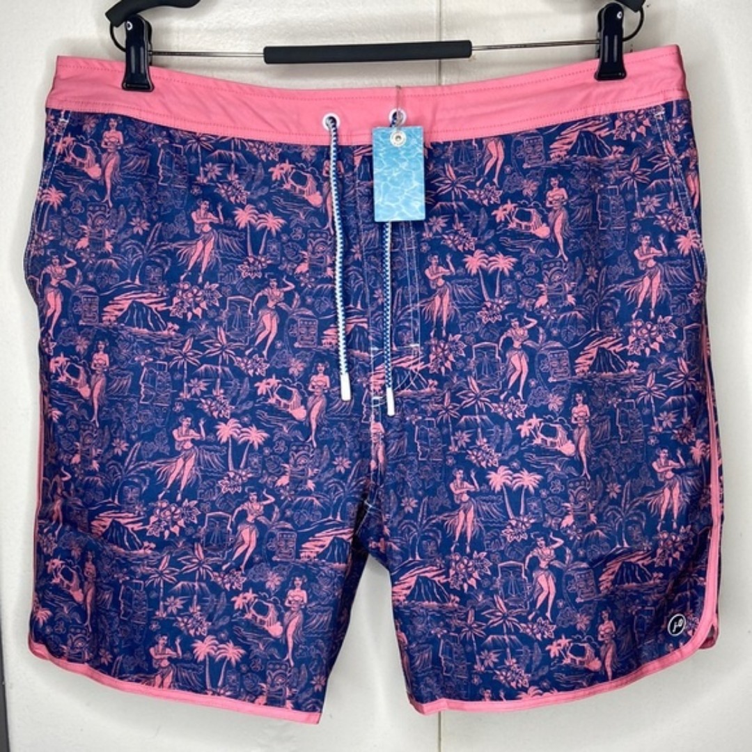 Johnnie-O Mens Hula Girls Hawaiian Tropical Elastic Pink Blue Swim Trunks 2XL