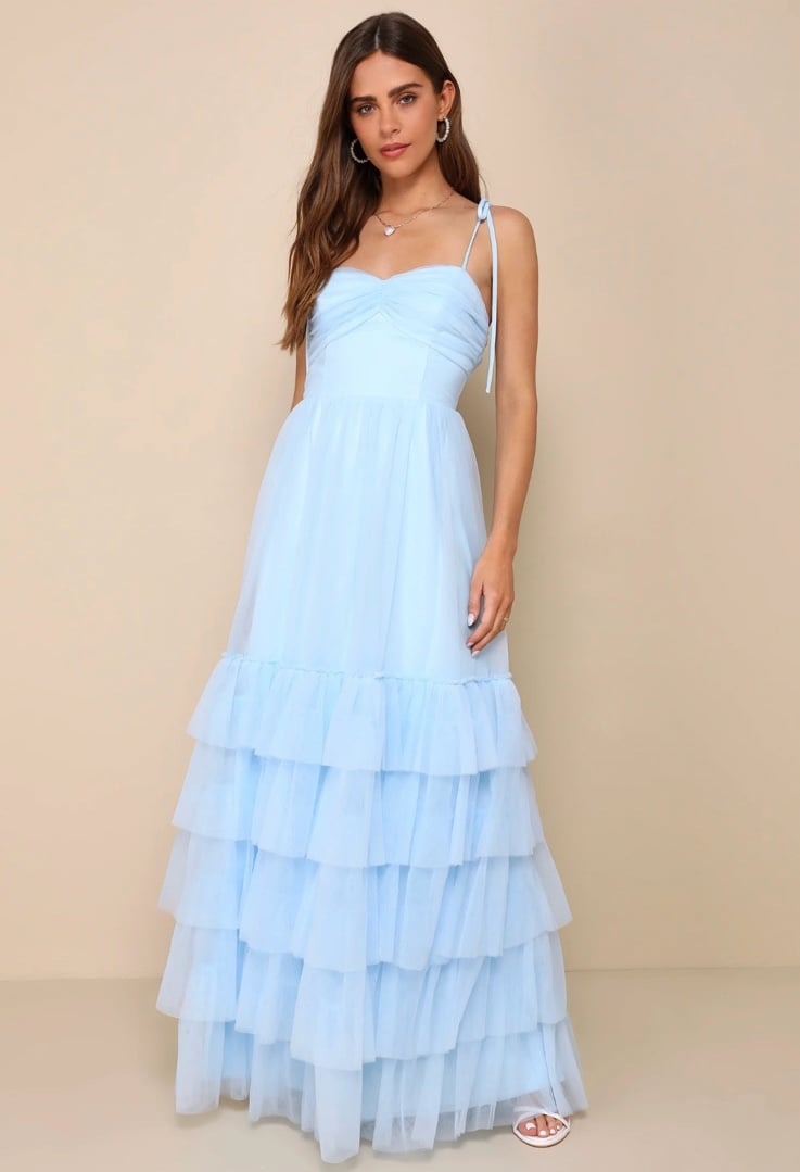 Endlessly Darling Light Blue Mesh Tiered Tie-Strap Maxi Dress