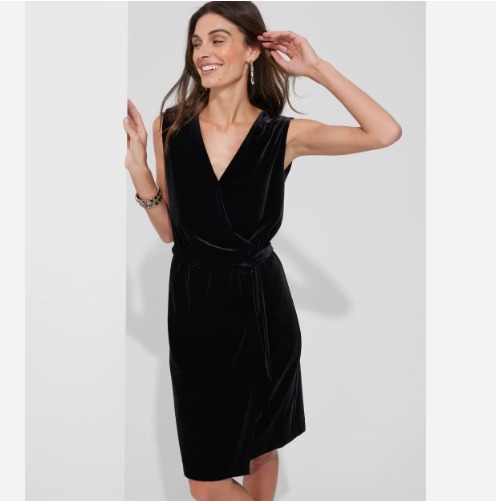 WHBM black surplice velvet knee length tie waist sleeveless stretch dress