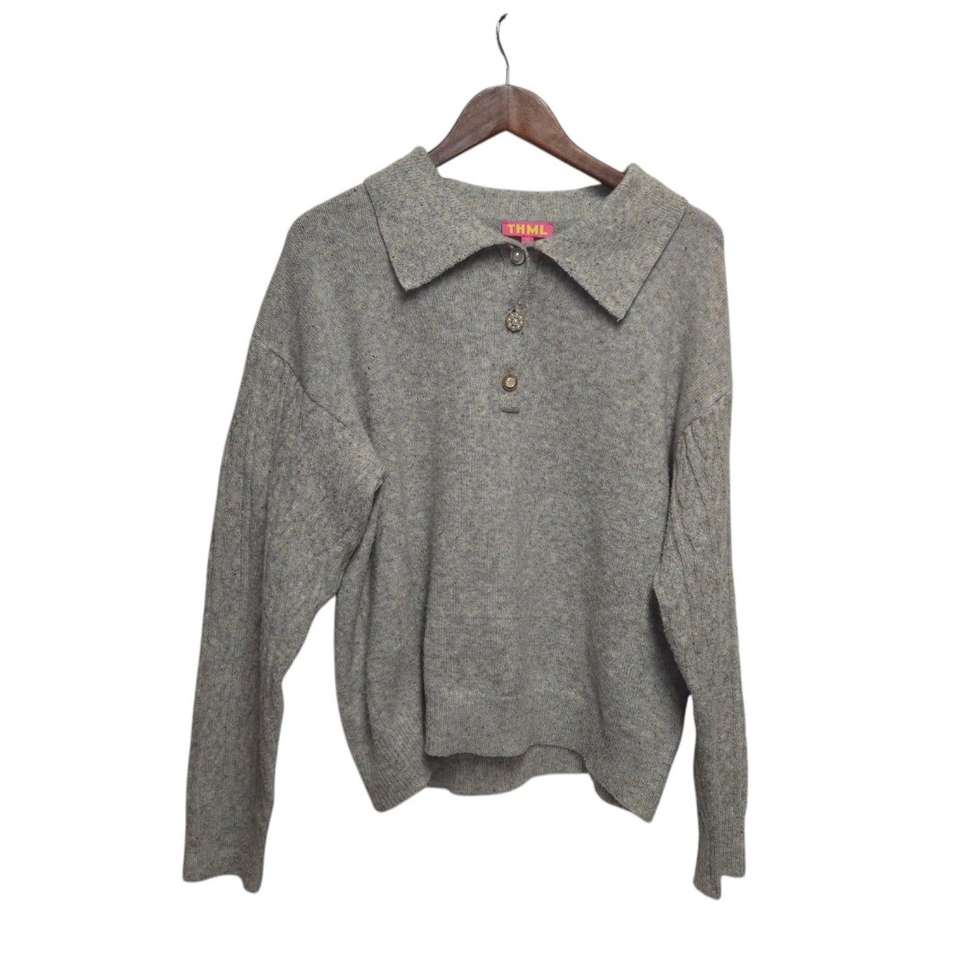 Vintage THML Sweater Collared Pearl Buttons 1X Gray Tan