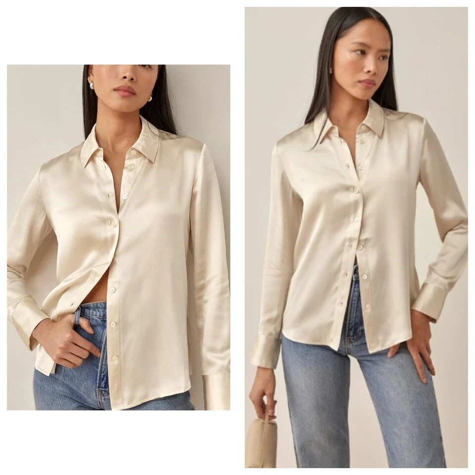 Reformation Sky Silk Buttondown Top Medium Ivory Long Sleeve Classic Preppy