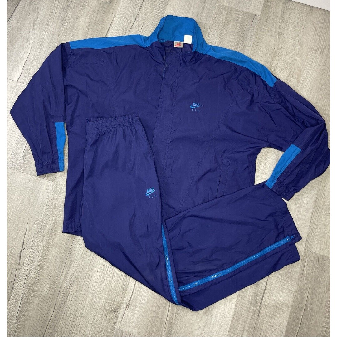 Vintage Nike FIT Blue Windbreaker 90s Tracksuit Set Front Zipper Size XL & L I
