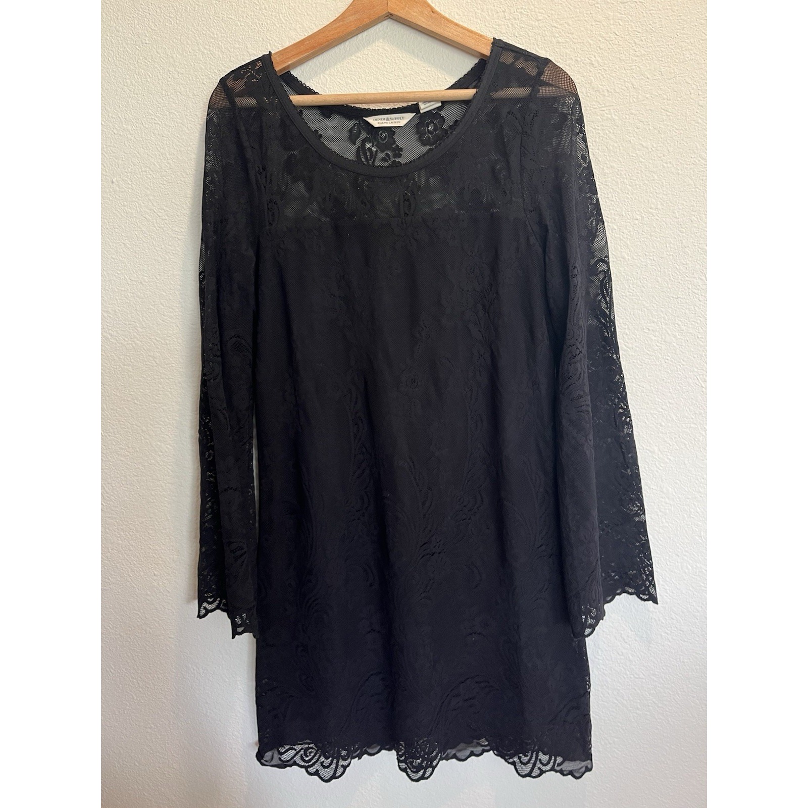 Denim & Supply Ralph Lauren Women's L Black Lace Sheath Shift Dress Bell Sleeve