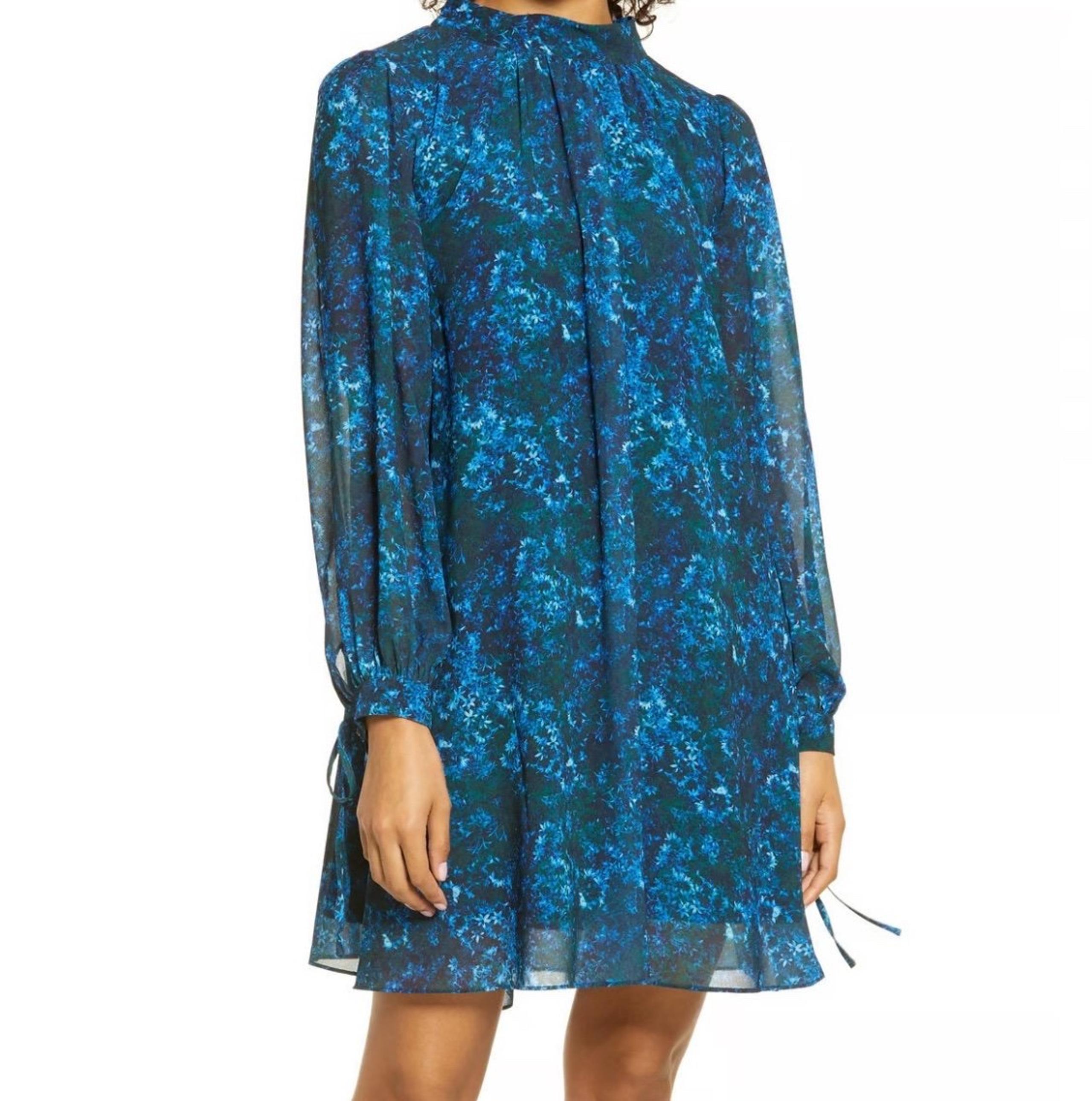 NEW MARK + JAMES BADGLEY MISCHKA blue floral long Sleeve Trapeze Dress size 12