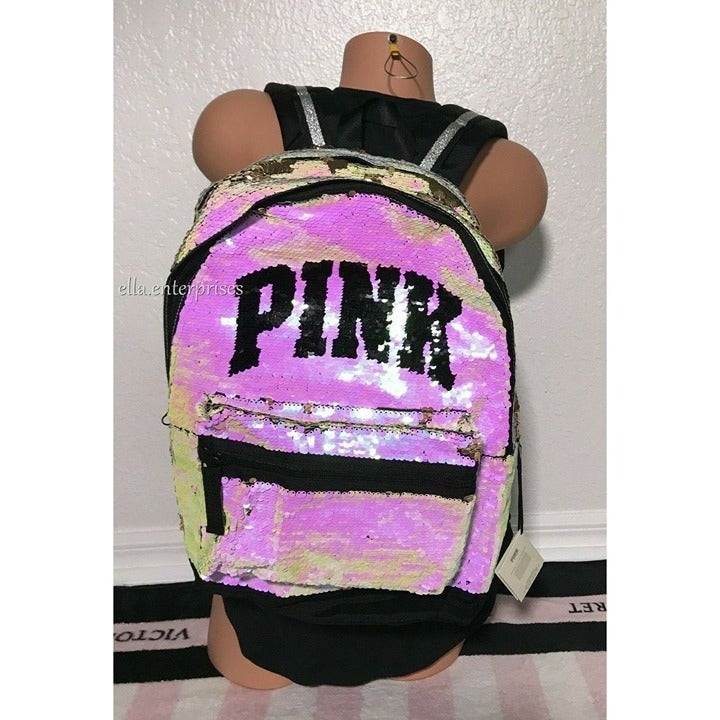 Victoria's Secret Pink Black Iridescent Gold Flip Sequin Bling Campus Backpack