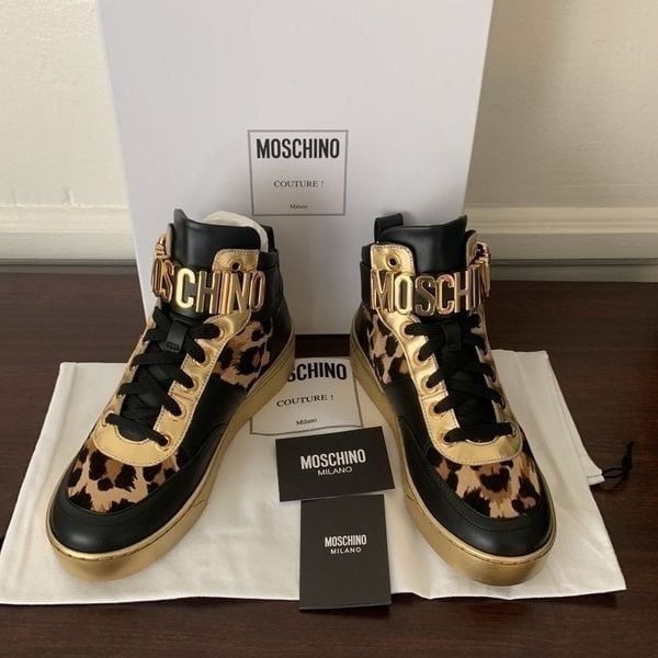 Moschino genuine calf hair detail basket leopard print sneaker Size 7 new