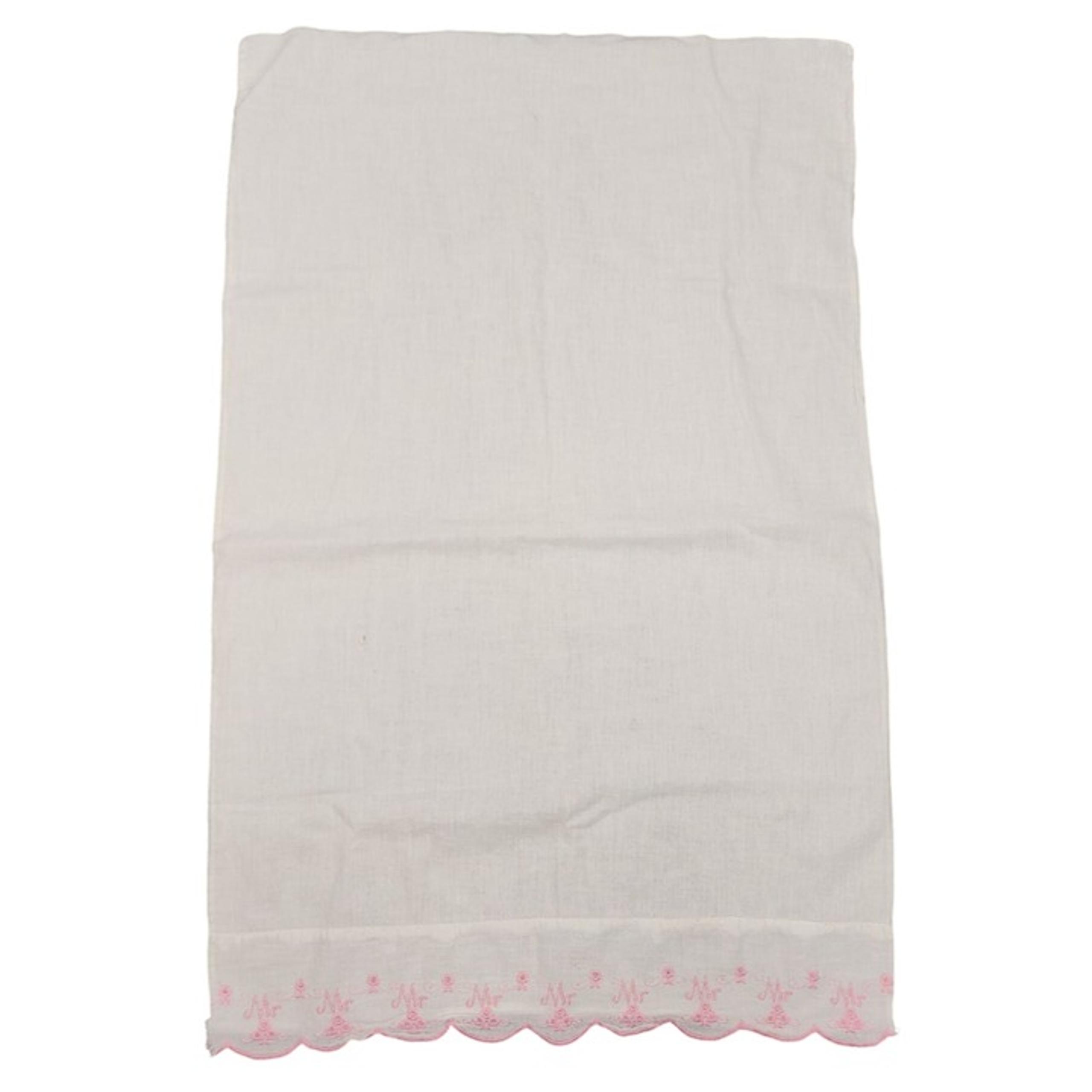White Pillowcase Pink Embroidered Floral Mr. Scallop Trim Cotton Muslin