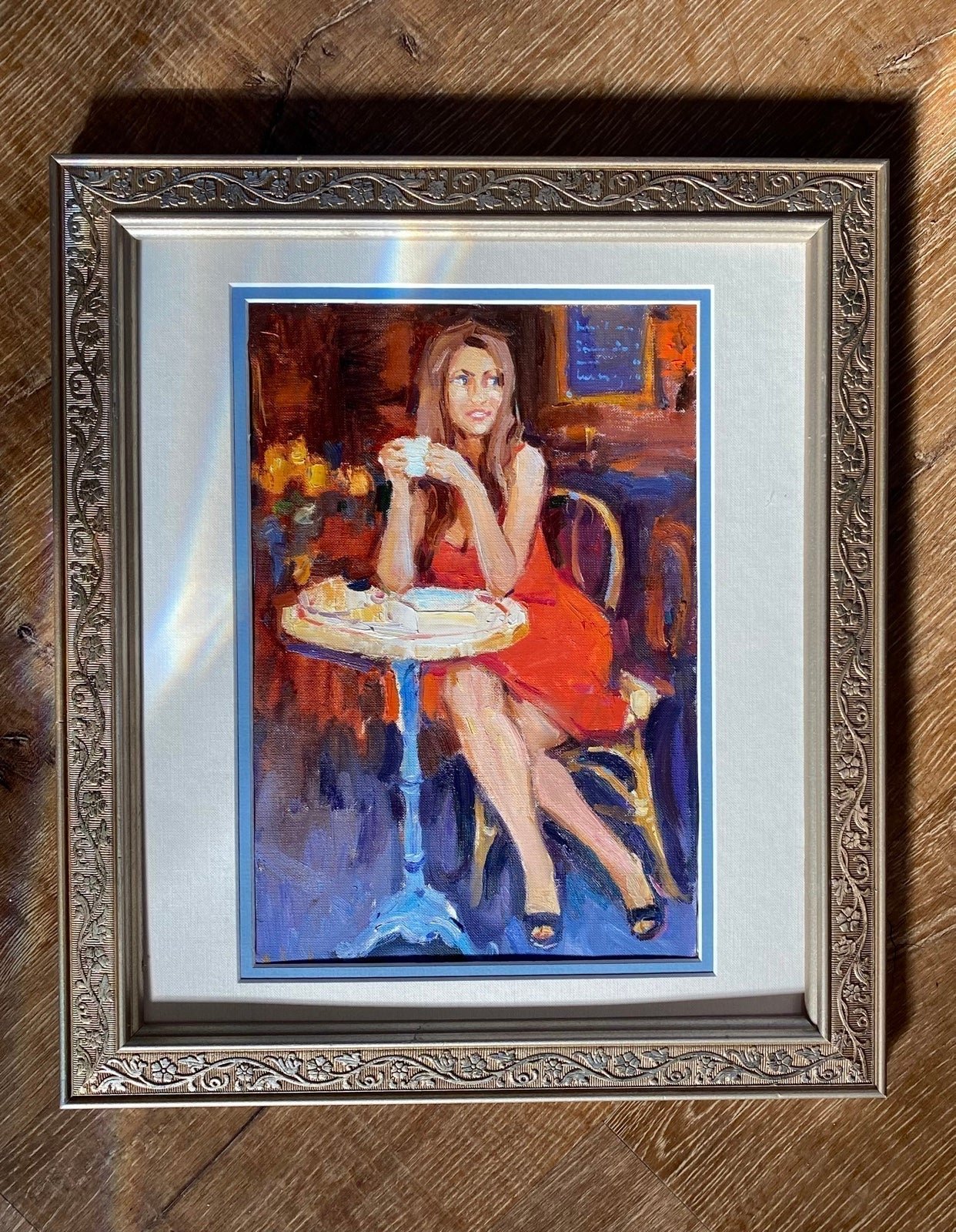 Original Framed Coffee Bistro Woman Oil Painting