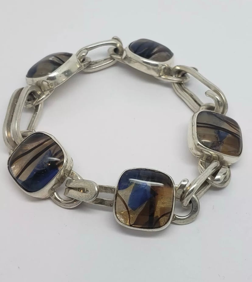 VINTAGE STERLING SILVER AND GLASS WORKS STONES STATEMENT BRACELET